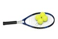 Tennis rackets and four balls Royalty Free Stock Photo