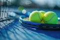 tennis rackets and tennis balls lying on blue tennis court. ai generated Royalty Free Stock Photo