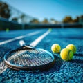 tennis rackets and tennis balls lying on blue tennis court. ai generated Royalty Free Stock Photo