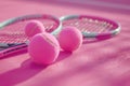 tennis rackets and tennis balls lying on pink tennis court. ai generated Royalty Free Stock Photo