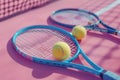 tennis rackets and tennis balls lying on pink tennis court. ai generated Royalty Free Stock Photo