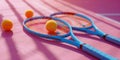 tennis rackets and tennis balls lying on pink tennis court. ai generated Royalty Free Stock Photo