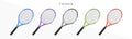 Tennis rackets vector realistic illustration. Sports equipment icons. Badminton rackets set in different colors Royalty Free Stock Photo