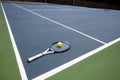 Tennis racquet and ball in court Royalty Free Stock Photo