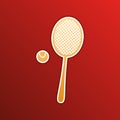 Tennis racquet with ball sign. Golden gradient Icon with contours on redish Background. Illustration.