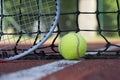 Tennis racquet and yellow tennis ball on outdoor court Royalty Free Stock Photo