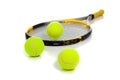 Tennis raquet with yellow balls on white Royalty Free Stock Photo