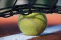 Tennis scene with black net, ball on white line Royalty Free Stock Photo