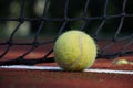 Tennis scene with black net, ball on white line Royalty Free Stock Photo