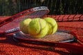 Tennis scene with black net, balls and racquet Royalty Free Stock Photo