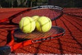 Tennis scene with black net, balls and racquet Royalty Free Stock Photo