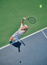 Tennis serve, sport and woman on outdoor court, fitness motivation and competition with athlete training for game Royalty Free Stock Photo