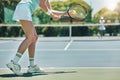 Tennis serve, sports and woman with legs on outdoor court, fitness motivation and competition with athlete training Royalty Free Stock Photo