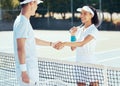 Tennis shaking hands before playing court game smiling athletes team standing and handshake for good luck. Man and woman Royalty Free Stock Photo