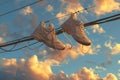 Tennis Shoes Hanging From Power Line, Basketball shoes hanging off a telephone wire, detailed stitching and laces fluttering in