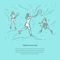 Tennis sketch hand drawn vector template. Women tennis players. Sport concept