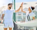Tennis, sport and high five with coach and athlete, support and celebrate success in training workout. Man, woman and