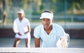 Tennis, sport and serious black woman on outdoor court, train and fitness, collaboration and ready for game. Exercise Royalty Free Stock Photo