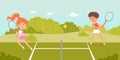 Tennis sport summer camp, academy or course, junior girl and boy training with rackets