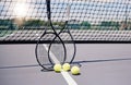 Tennis, sport and tennis ball with racket on tennis court with net background and fitness outdoor lens flare. Sports Royalty Free Stock Photo