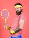 Tennis sport. Tennis club concept. Man bearded hipster wear old school sport outfit with bandages. Athlete hold tennis