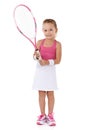 Tennis, sports and portrait of child on a white background for training, workout and exercise. Fitness, happy and