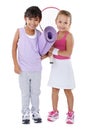 Tennis, sports and portrait of children on a white background for training, workout and exercise. Fitness, friends and