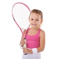 Tennis, sports and portrait of girl on a white background for training, workout and exercise. Fitness, happy and