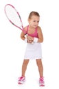 Tennis, sports and portrait of happy child on a white background for training, workout and exercise. Fitness, youth and