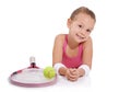 Tennis, sports and portrait of happy girl on a white background for training, workout or exercise. Fitness, smile and