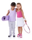 Tennis, sports and portrait of kids hug on a white background for training, workout and exercise. Fitness, happy and