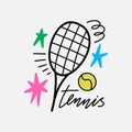 Tennis sports racquet and ball equipment flat doodle vector tools and lettering