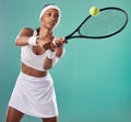 Tennis, sportswear and woman playing tournament with copy space background. Sporty, active and professional athlete