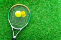 Yellow ball and dandelions on racket on green grass background of tennis court Royalty Free Stock Photo