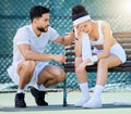 Tennis, support and loss with a sports woman feeling sad while a male athlete tries to console or comfort her. Sad, fail