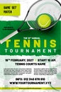 Tennis tournament poster template with ball, racket and sample text Royalty Free Stock Photo