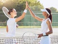 Tennis, woman and high five for sport, fitness match training or exercise workout at the court in the outdoors. Happy Royalty Free Stock Photo