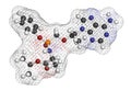 Tenofovir alafenamide antiviral drug molecule (prodrug of tenofovir). 3D rendering. Atoms are represented as spheres with