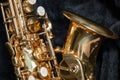 Tenor sax golden saxophone macro with selective focus on black