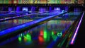 Tenpin bowling alley shot at night