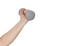 Tense female hand with dumbbells on a white background