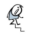 The tense stickman carefully descends down the stairs. Vector illustration of a cartoon man afraid to fall. Royalty Free Stock Photo