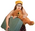 Tense Young Woman with Suitcase