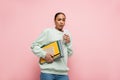 tensed african american student in sweatshirt