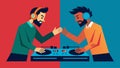The tension between the DJs reaches its peak as they both try to oneup each other with increasingly complex mixes Royalty Free Stock Photo