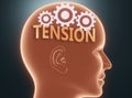 Tension inside human mind - pictured as word Tension inside a head with cogwheels to symbolize that Tension is what people may