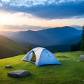 Tent against the backdrop of an incredible mountain landscape with dramatic sky and clouds. Amazing highland. Adventure travel