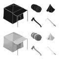 Tent with awning, ax and other accessories.Tent set collection icons in black,monochrome style vector symbol stock