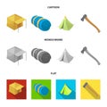 Tent with awning, ax and other accessories.Tent set collection icons in cartoon,flat,monochrome style vector symbol