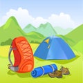 Tent, backpack, mountain landscape